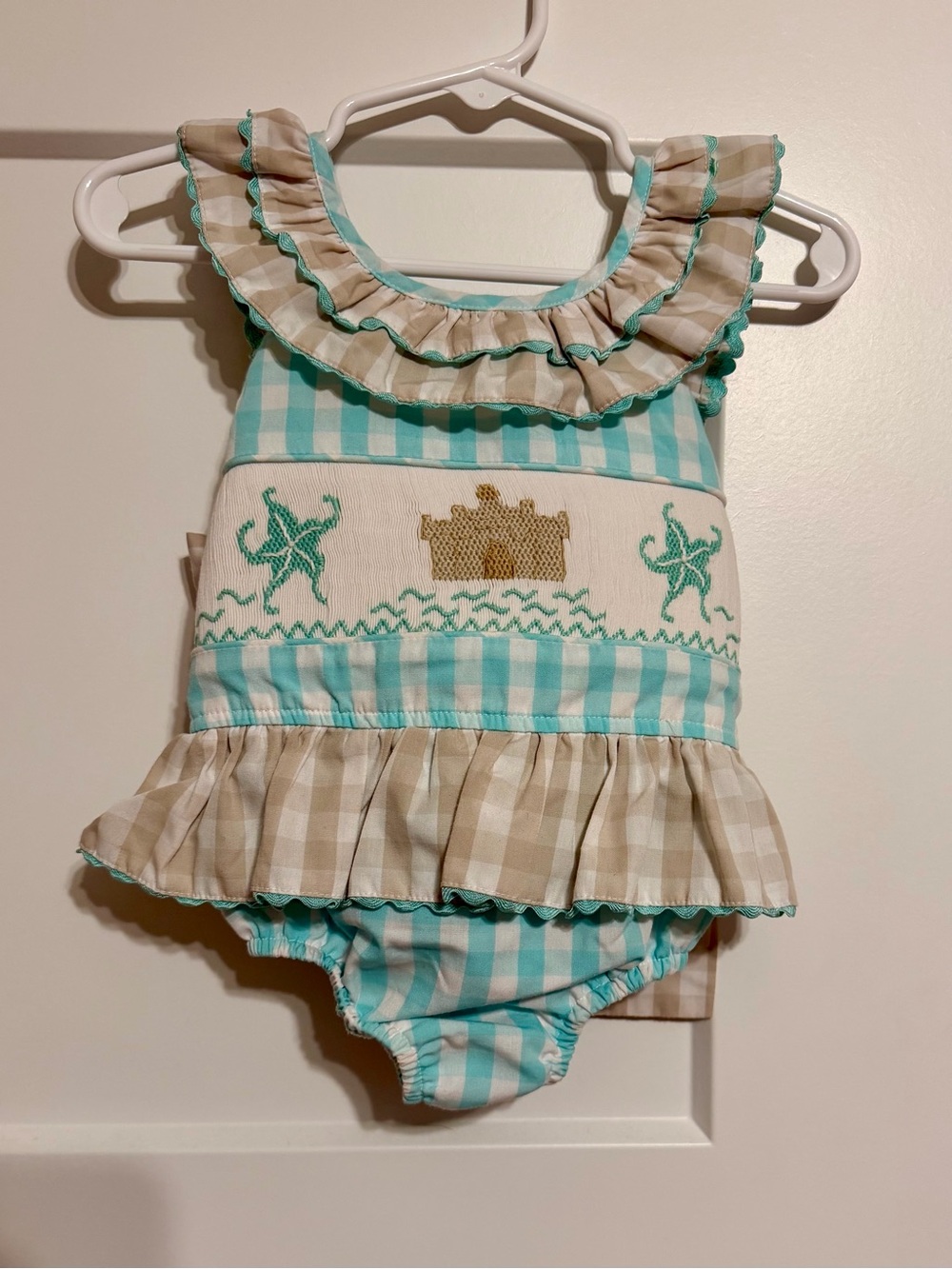 Castles & Crowns Sand Castle Smocked Ruffled Bubble Romper Size 12 month